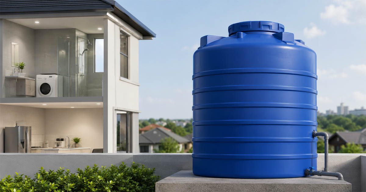 Blue Water Tank on Modern Rooftop