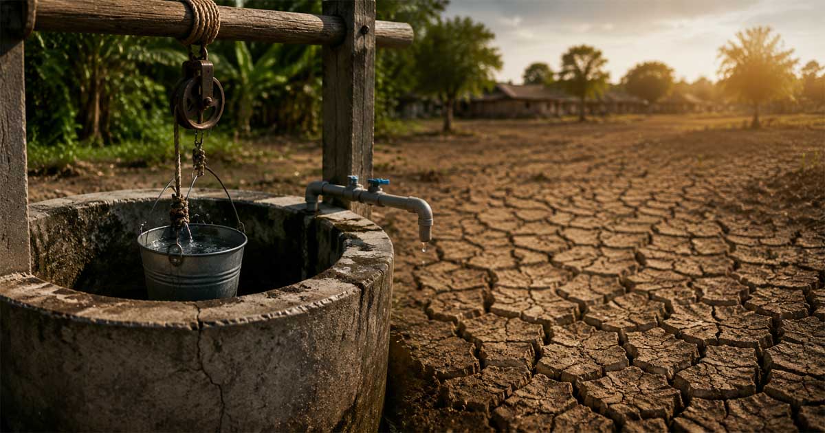 Drought stricken well in golden hour light