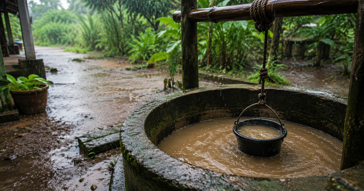 Mossy Well in a Rainy Garden