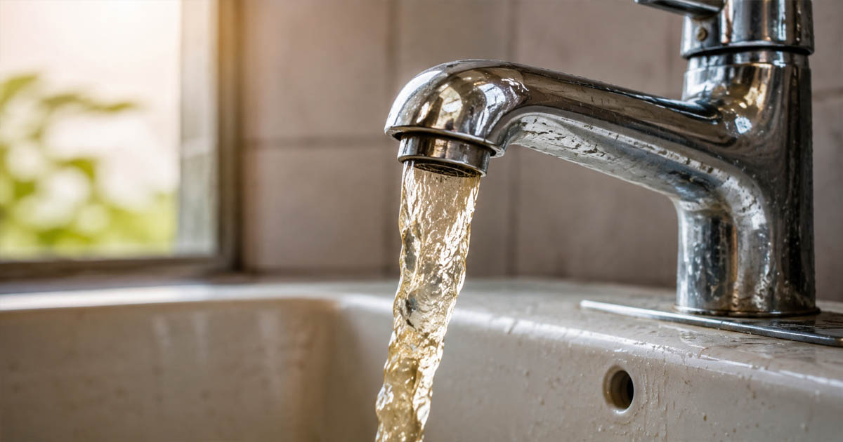 Chrome faucet flowing water in warm daylight