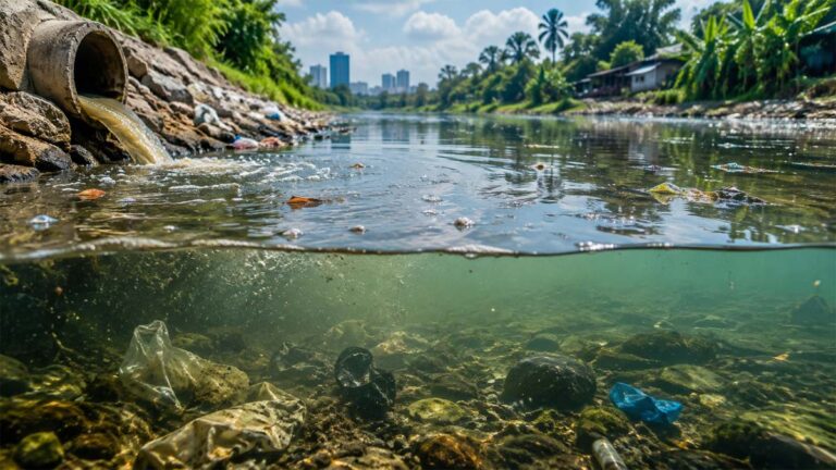 Polluted River Surface to Seabed