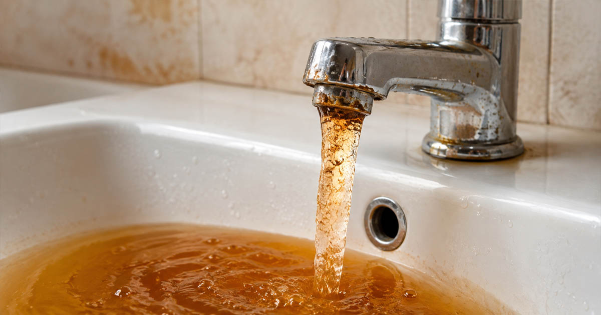 Rusty Water Flowing from Worn Faucet